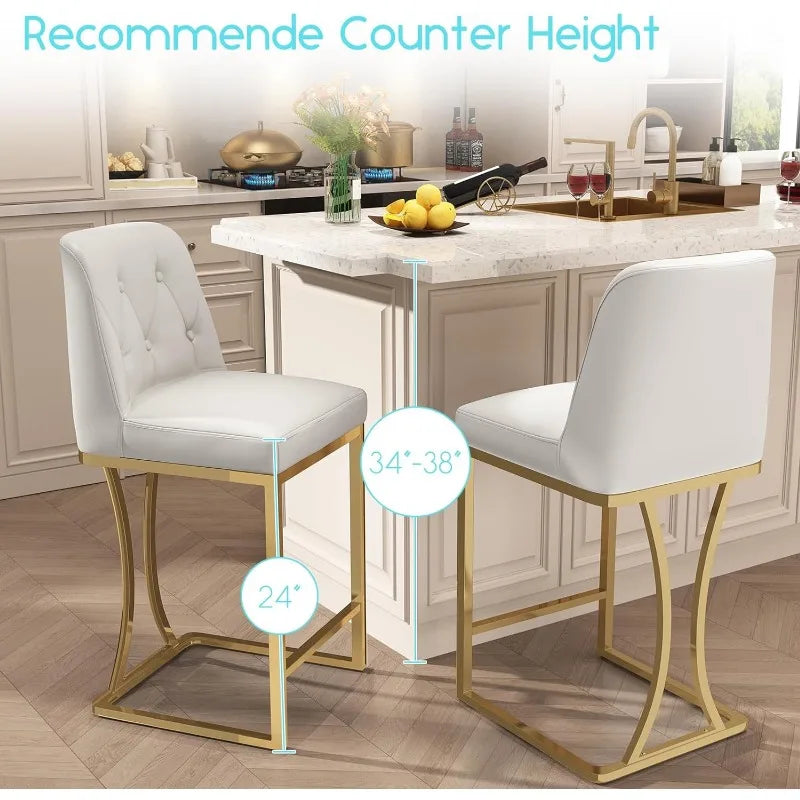 24" Counter Height Bar Stools Set of 4, White Bar Stools with Back and Gold Metal Frame, Modern Luxury Barstools with Footrest