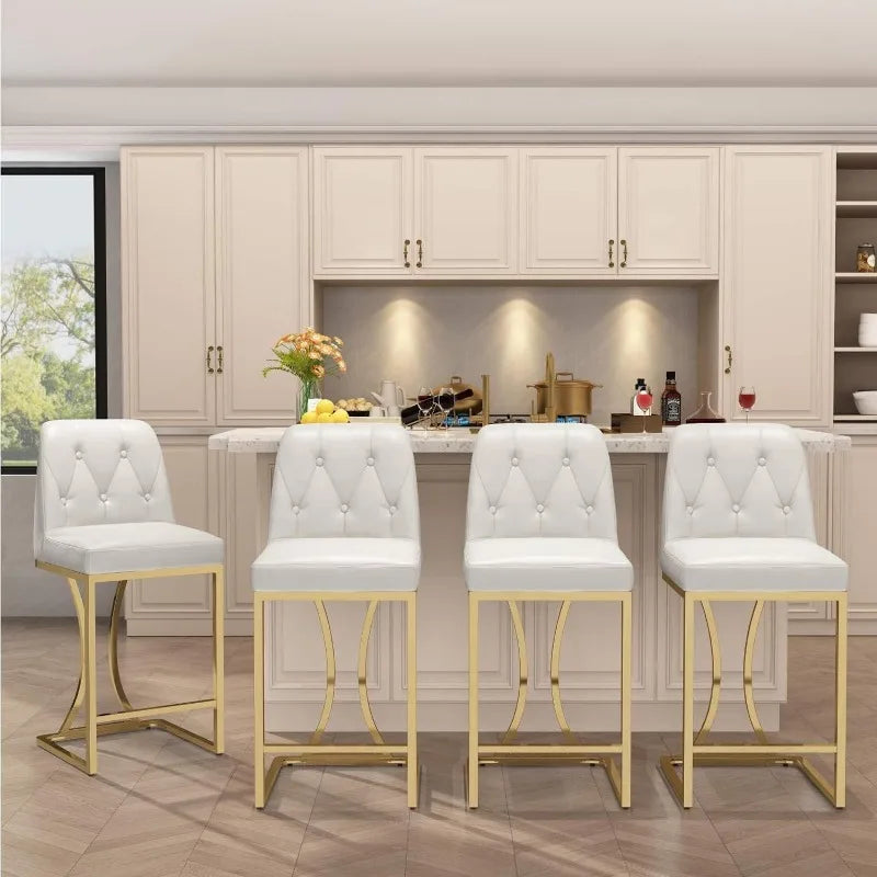 24" Counter Height Bar Stools Set of 4, White Bar Stools with Back and Gold Metal Frame, Modern Luxury Barstools with Footrest