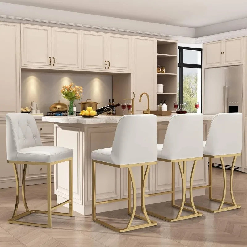 24" Counter Height Bar Stools Set of 4, White Bar Stools with Back and Gold Metal Frame, Modern Luxury Barstools with Footrest