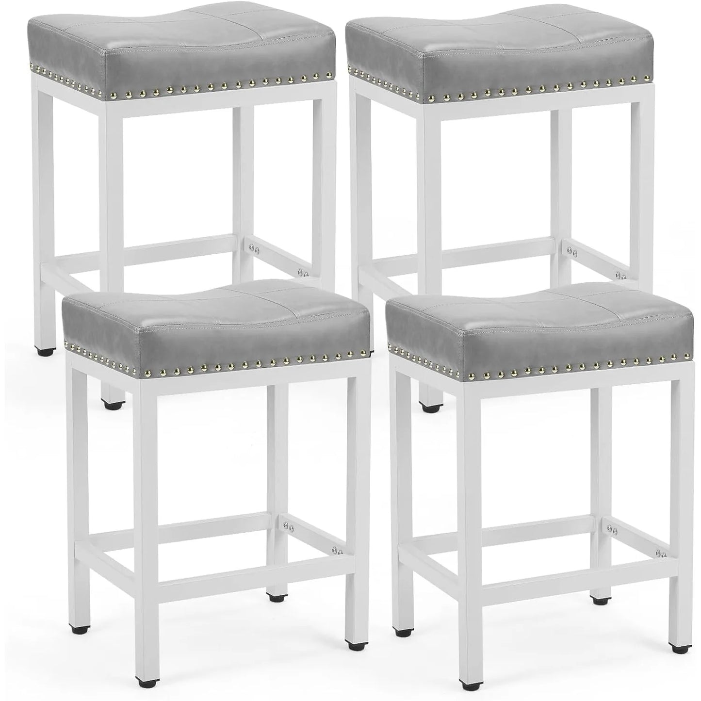 24 inch Counter Height Bar Stools, Upholstered Modern Kitchen Barstools with Metal Base, PU Leather Saddle Stools,Set of 4, Grey