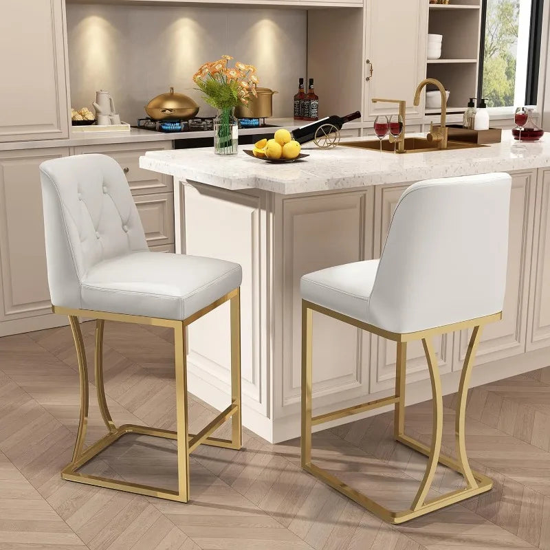 24" Counter Height Bar Stools Set of 4, White Bar Stools with Back and Gold Metal Frame, Modern Luxury Barstools with Footrest